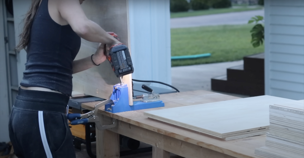 cutting pocket holes into the plywood 